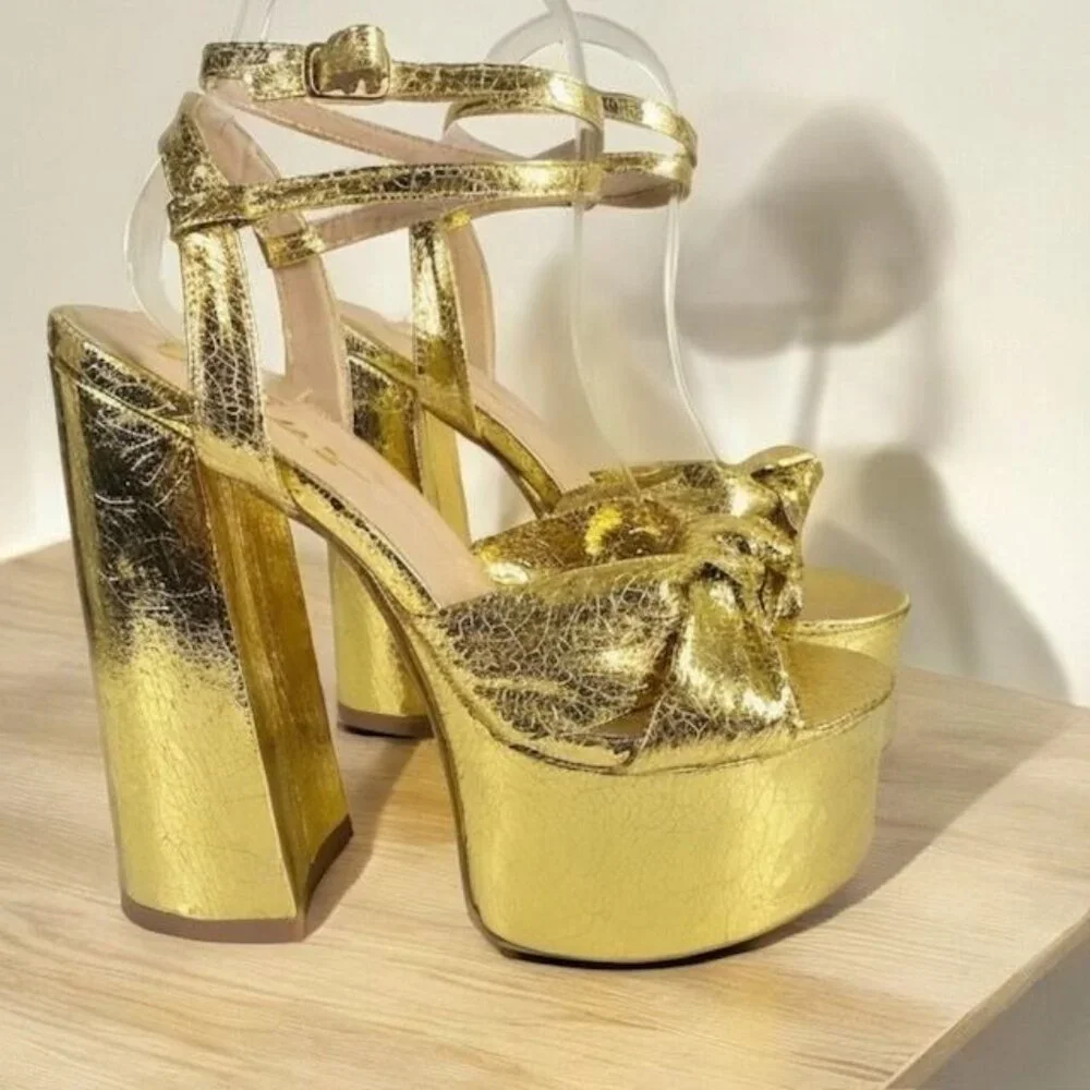 Lulus Bow Platform Ankle Strap Heels Gold Metallic Size 7M - Picture 2 of 13